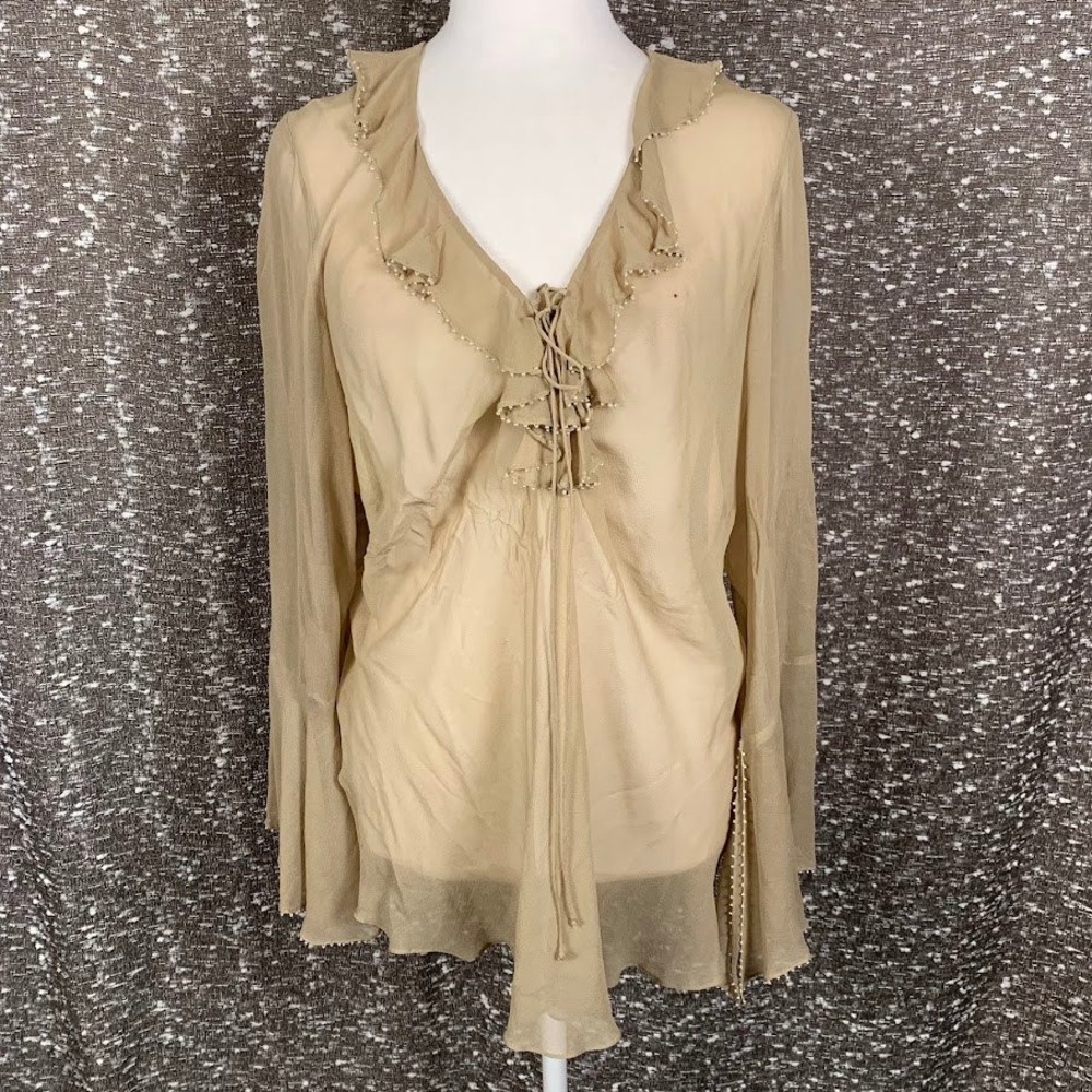 Vintage Ice Sheer Ruffle Blouse Tan Bell Sleeve Women's Y2K Fairy Whimsigoth